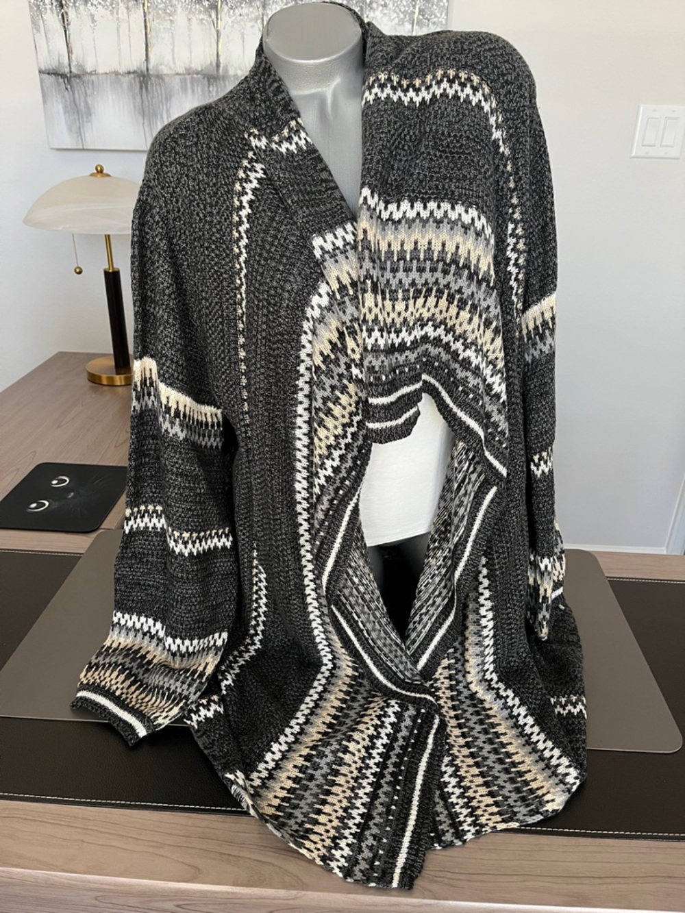 One World Black & Cream Open Front Knit Cardigan